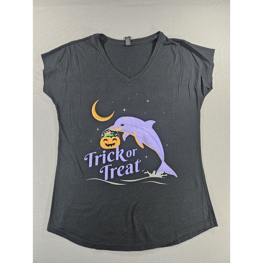 Anvil Halloween Dolphin Trick or Treat Graphic V-Neck Tee Black Large